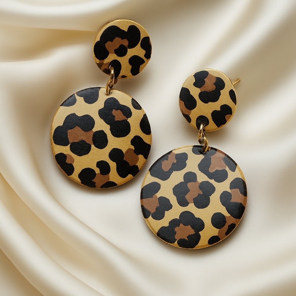 Leopard Print Double Disc Earrings – Gold Animal Dangle Statement Jewelry Women